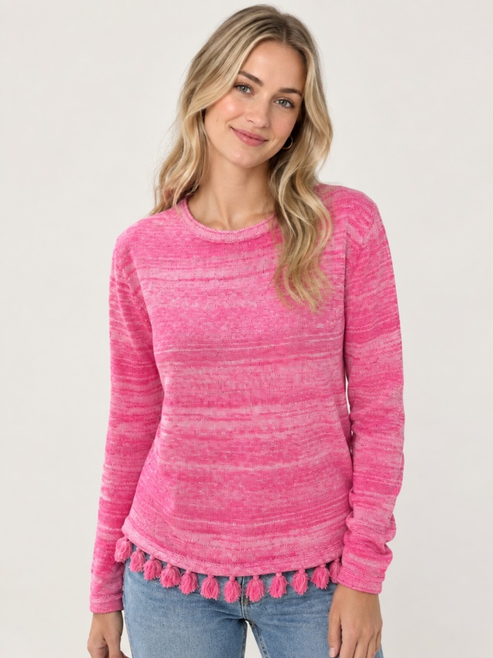 Lilly Pulitzer Jody Sweater Tassels Pink Stripped M Crew Neck